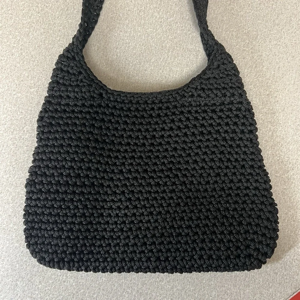 Black Crochet Knit Hobo Sack Beaded Handbag Flower Purse Zip‎ And Inside Pocket